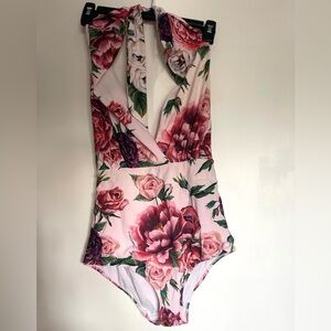 Dolce & Gabbana pink peony print halter neck swimsuit. Size medium